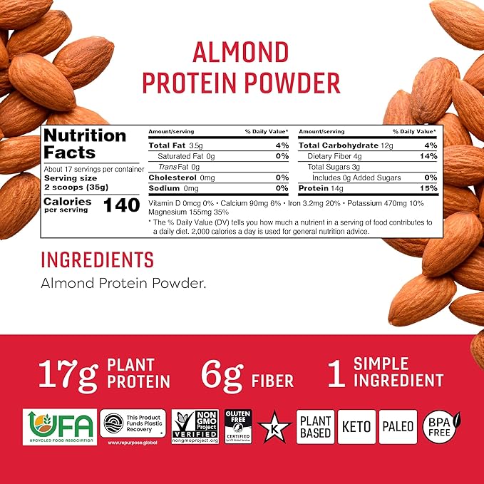 Almond Protein Powder, 21 Ounce, Made with California Almonds, 17g Plant Based Protein, Keto, Paleo Friendly, Vegan, Gluten Free, 17 Servings