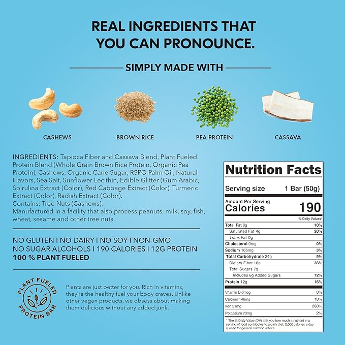 TRUBAR Vegan Protein Bar, Shake it Bake it Birthday Cake it, Gluten Free, Plant Based Protein, Dairy Free, Non GMO, Soy Free, No Sugar Alcohols, 12G Protein, 12G Fiber, 23G Carb, On the Go Snack Bars, 8ct