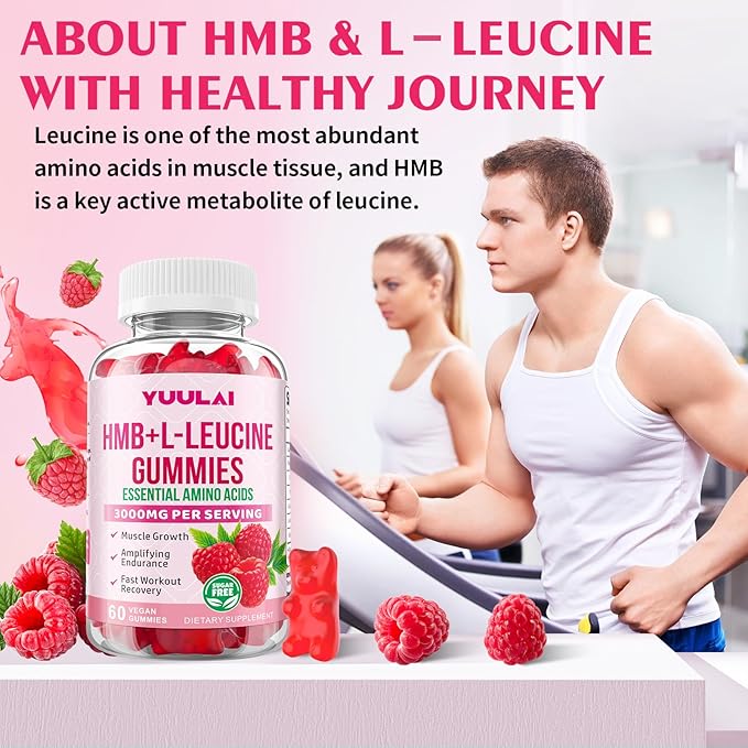 Pack of 2 HMB and L-Leucine Gummies, 3000mg HMB and Leucine Amino Acid for Men Women, for Muscle Growth, Muscle Relief, and Fast Workout Recovery, Vegan, Raspberry Flavor, 120 Count