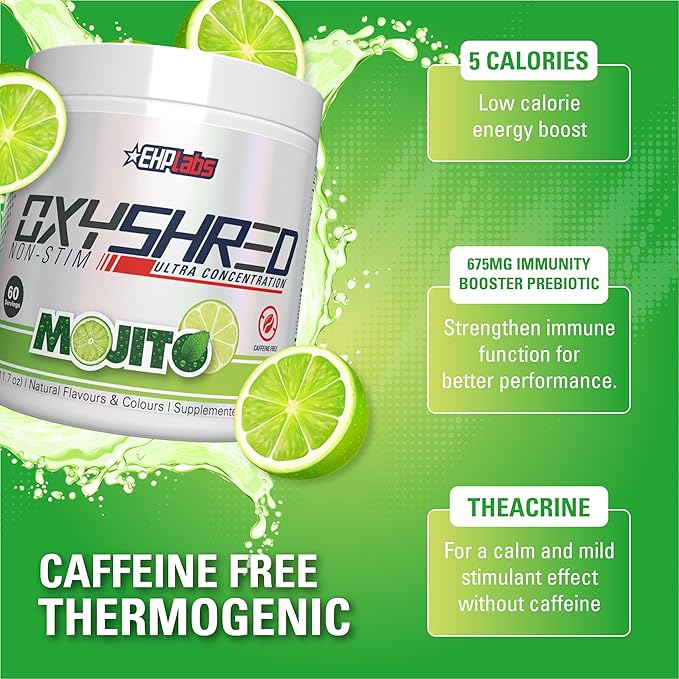 EHP Labs OxyShred Non Stimulant Pre Workout Powder - Stim Free Pre Workout, Caffeine Free Preworkout for Men & Women - Non Stim Preworkout - Sugar Free Energy Powder - Mojito, 60 Servings