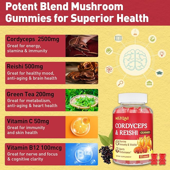 Mushroom Gummies, Cordyceps Reishi Mushroom Supplement Gummies for Adults with Green Tea Extract, Brain Supplements for Memory and Focus, Energy, Athletic Performance*, Rest - 60 Count