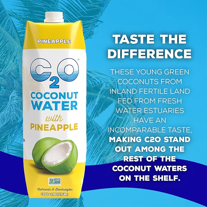 C2O - Coconut Water with Pineapple (6 Pack) - Made with Fresh Coconut Water - Plant Based, Non GMO Water - Natural Hydration, Essential Electrolytes, & Potassium - 6 Tetra Packs, 33.8 FL OZ