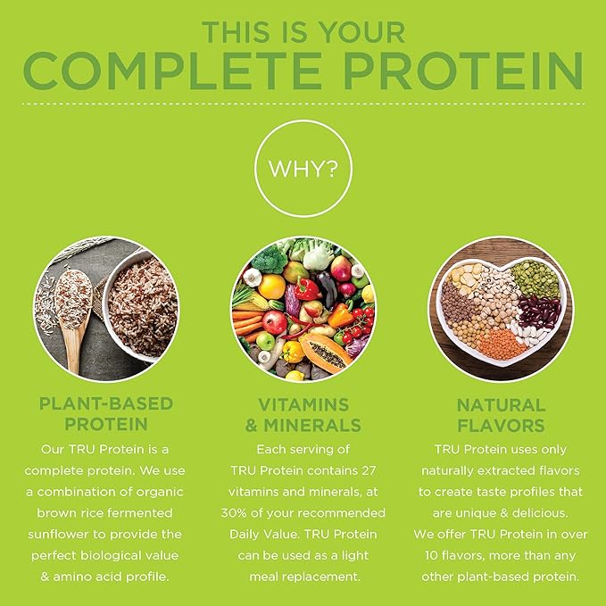 TRU Supplements Plant Based Protein Powder, BCAA, EAA, 20g Vegan Brown Rice & Pea Protein, 100 Calories, 27 Vitamins, No Artificial Flavors 25 Servings (Strawberry Jam)
