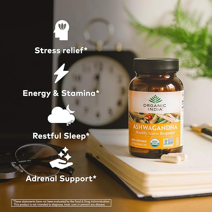 ORGANIC INDIA Ashwagandha Herbal Supplement - Stress Response Support, Vegan, Gluten-Free, Kosher, USDA Certified Organic, Non-GMO, Supports Mood, Endurance, Vitality & Strength - 180 Capsules