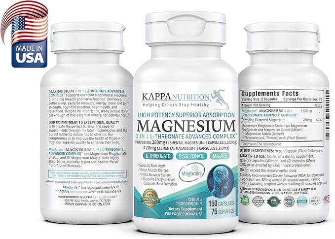 (150 Capsules), 2,253mg Per Serving, Providing 420mg Elemental Magnesium, L-Threonate, Bisglycinate Chelate, Malate, from Kappa Nutrition.