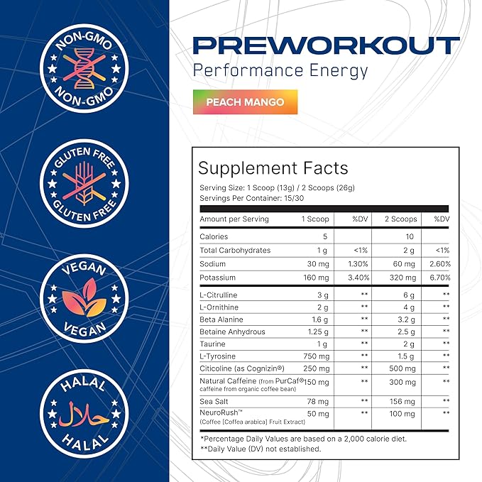 AN Performance Pre-Workout Powder Supplement for Men & Women | Energy Drink Mix with 300mg Caffeine + Beta Alanine + Citrulline | Third-Party Tested | Peach Mango | 30 Servings