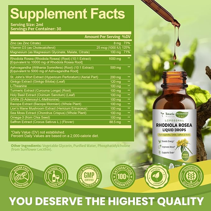 16-in-1 Liposomal Rhodiola Rosea Tincture, Ultra Strength Rhodiola Supplement w/Ashwagandha, Saffron, Magnesium, SAM-e, Rhodiola Rosea Extract Liquid Drops for Natural Relaxation, Mood, Energy