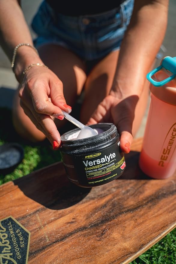 PEScience Versalyte Charged, Electrolyte Powder with Caffeine, Sugar Free, Sour Watermelon Candy, 30 Servings Packets, Hydration Powder Plus Energy for Hybrid Training