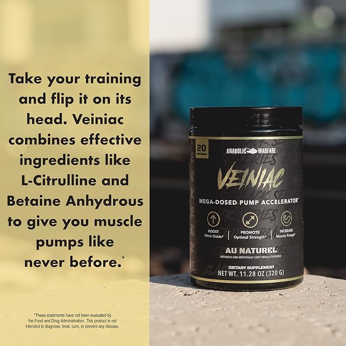 Anabolic Warfare Veiniac Muscle Pump Activator Supplement Stimulant Free Pre-Workout with L-Citrulline, Betaine Anhydrous, & Added AGMass™, Increases Nitric Oxide*, Natural 20 Servings