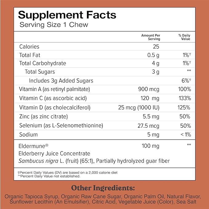 Chewsy - 6-in-1 Immune Support Fruity Chews with Elderberry - Vitamin C, A and D, Zinc and Selenium - Individually Wrapped - 6-Day Supply