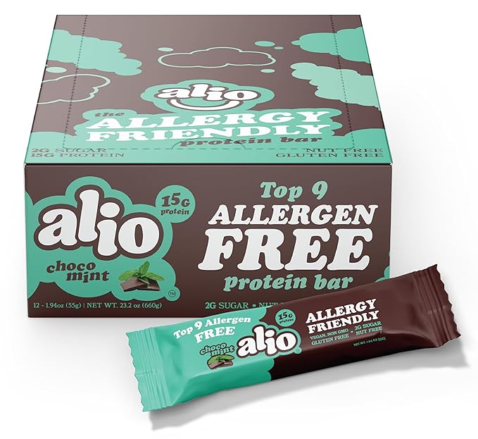 Alio: Choco Mint - Top 9 Allergen Free Protein Bar | High Protein | Nut Free | Low Calorie | Vegan | Gluten Free | non-GMO | Plant Based | Amazing Taste! 12 Bars in a Box!