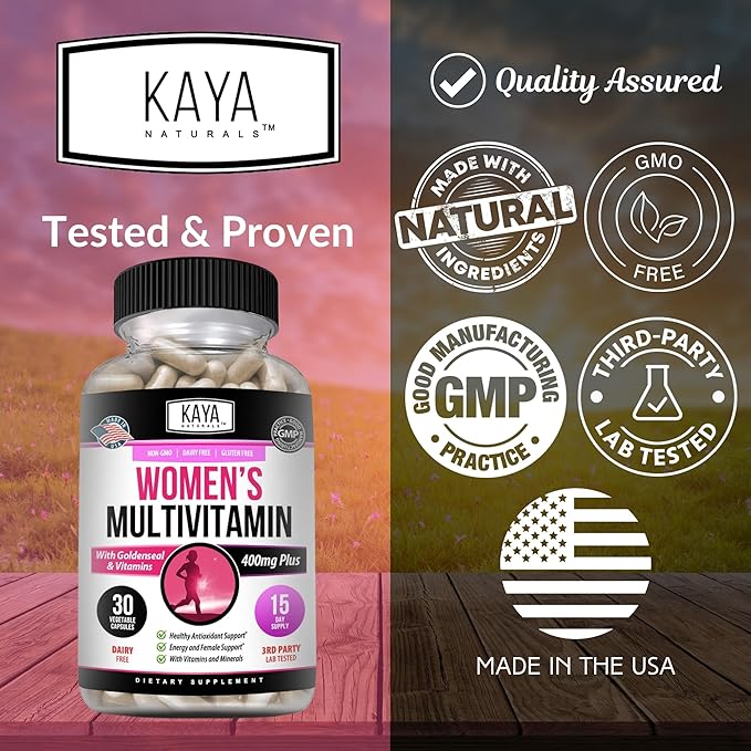Kaya Naturals Women's Multivitamin, Overall Healthy Antioxidant, and Immune Support, Vitamins A, D, C, E, Biotin, Folic Acid, & Multi-Mineral, Energy & Metabolism Vitamin Supplement 30 Count