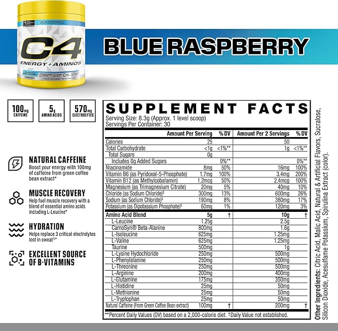 Cellucor C4 Energy + Aminos Powder | 5g BCAAs & EAAs for Muscle Recovery, 3 Electrolytes for Hydration, 100mg Natural Caffeine | Pre Workout | Zero Sugar, 30 Servings, Blue Raspberry