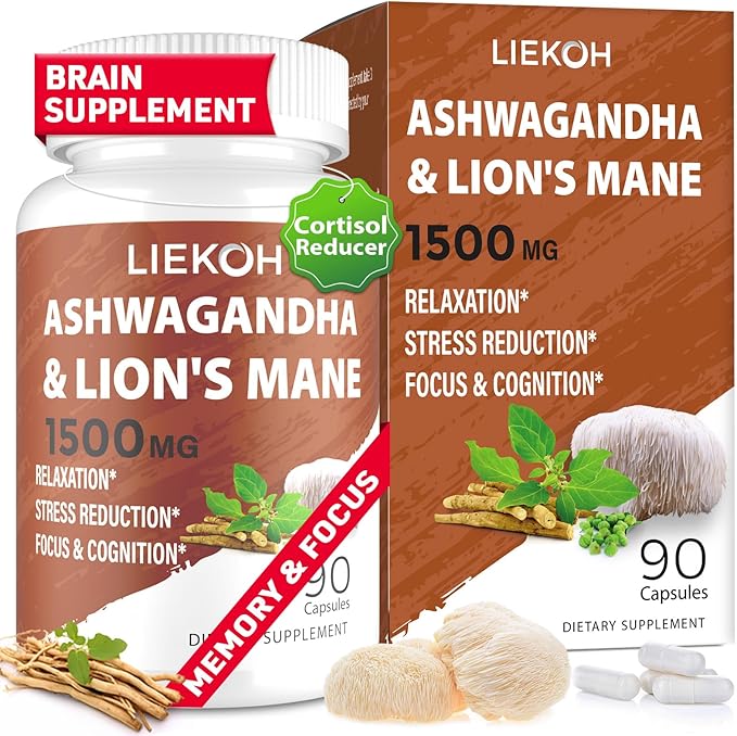 Ashwagandha & Lions Mane Supplement Capsules, Brain Supplements for Memory and Focus, Ashwagandha Supplement with Rhodiola & Black Peppe, Cortisol Supplements for Women & Men,90 Caps