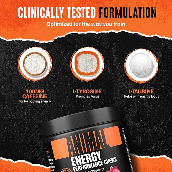 Animal Energy Chews, Fast Acting Energy with Caffeine, Nootropics and Sea Salt for Focus and Pre Workout - Convenient and Delicious Chews Format - Pom-Berry