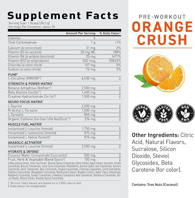 Kaged Original Pre Workout Powder Orange Krush Pre-Kaged Formulated with Creatine, Beta Alanine, Pure Caffeine 20 Servings