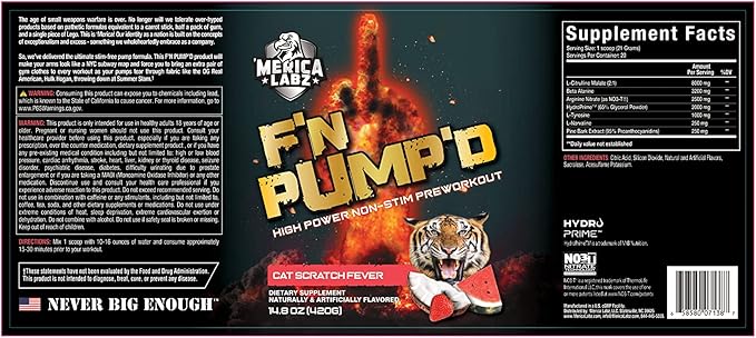 'Merica Labz F'N Pump'D Stimulant Free, Nitric Oxide,Fully Dosed, Pump PreWorkout Powder (20 Servings) (Cat Scratch Fever)