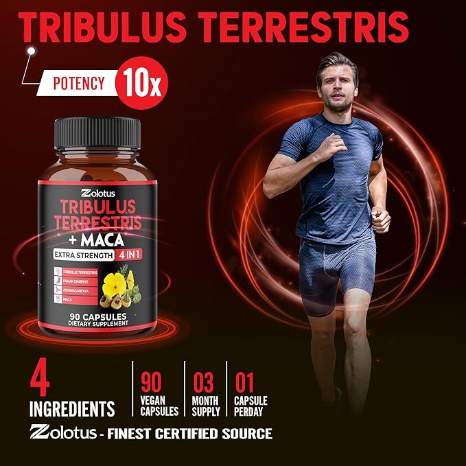 Zolotus Premium Tribulus Terrestris Capsules - Combined with Ashwagandha, Panax Ginseng & Maca - 90 Counts for 3 Months