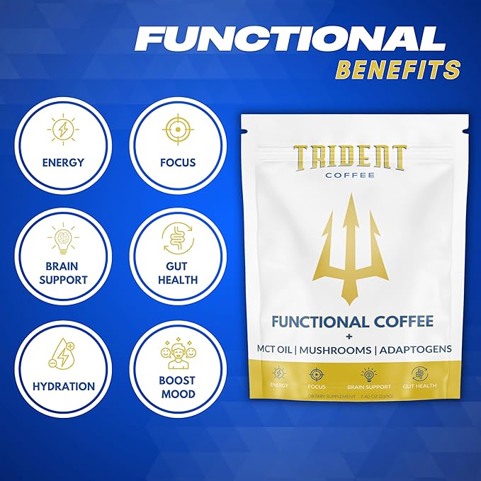 Trident Functional Mushroom Coffee | Cold Brew Coffee, MCT Oil, Lion's Mane, Reishi, Cacao, L-Theanine, Electrolytes | Better Focus, Energy, Brain Health & Low Acid | Adaptogen Coffee | 30 Servings