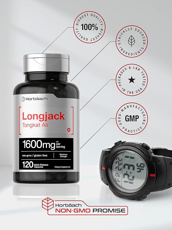 Horbäach Longjack Tongkat Ali for Men and Women | 1600mg | 120 Capsules | Extract Supplement | Maximum Strength Pills | Eurycoma Longifolia | Non-GMO and Gluten Free