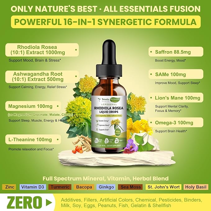 16-in-1 Liposomal Rhodiola Rosea Tincture, Ultra Strength Rhodiola Supplement w/Ashwagandha, Saffron, Magnesium, SAM-e, Rhodiola Rosea Extract Liquid Drops for Natural Relaxation, Mood, Energy