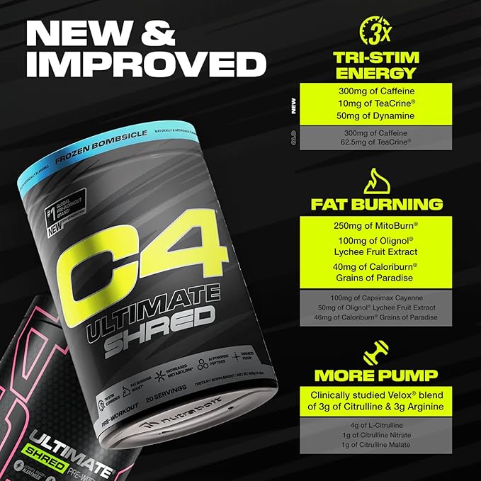 Cellucor C4 Ultimate Shred Pre Workout Powder, Metabolism Supplement with Cayenne Extract+300mg Caffeine+TeaCrine+Dynamine - Frozen Bombsicle, 20 Servings