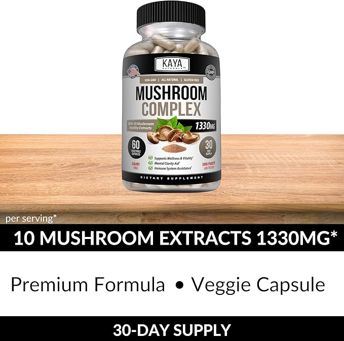 Kaya Naturals Premium Mushroom Complex Potent - Mushroom Complex Capsules 1330mg Per Serving - Aids Mental Clarity Supports Immune System, Wellness & Vitality - 60 Count