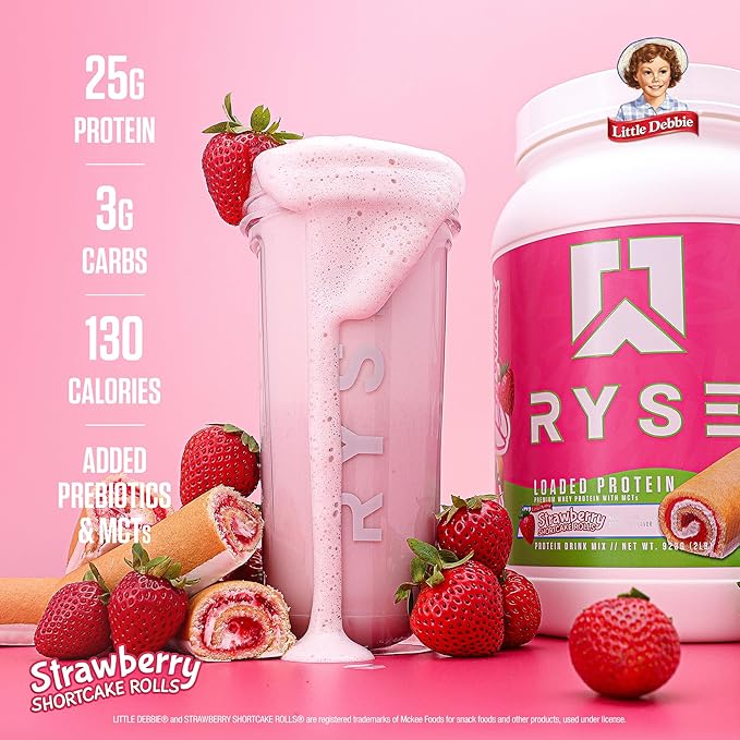 Ryse Loaded Protein Powder - Little Debbie Strawberry Shortcake Rolls - 25g Whey Protein Isolate & Concentrate with Prebiotic Fiber & MCTs - Low Carb & Low Sugar - 27 Servings / 2 lb Tub
