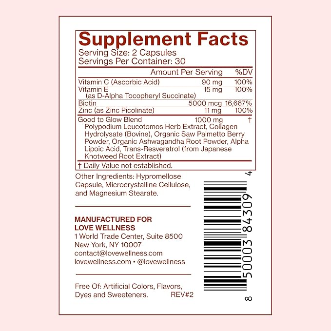 Love Wellness Good to Glow | Collagen Supplement with Biotin, Vitamin C, E, Ashwagandha & Zinc | Promotes Smooth, Glowing & Clear Skin | Enhances Smoothness & Promotes Healthy Skin | 60 Count
