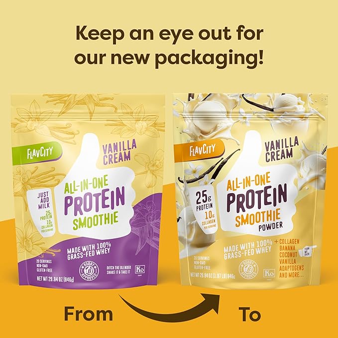 FlavCity Grass Fed Whey Protein Powder - Vanilla Smoothie - 25g Protein & 10g Collagen - Made With Real Vanilla Bean & Organic Coconut Milk - Gluten Free & No Added Sugars (20 Servings)