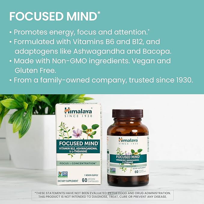 Himalaya Focused Mind with Ashwagandha, Bacopa & L-Theanine for Focus, Energy and Attention, 60 Capsules, 1 Month Supply, Vegan, Gluten Free
