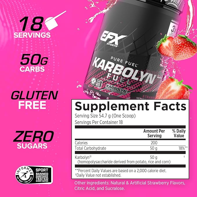 EFX Sports Karbolyn Fuel | Fast-Absorbing Carbohydrate Powder | Carb Load, Sustained Energy, Quick Recovery | Stimulant Free | 18 Servings (Strawberry)