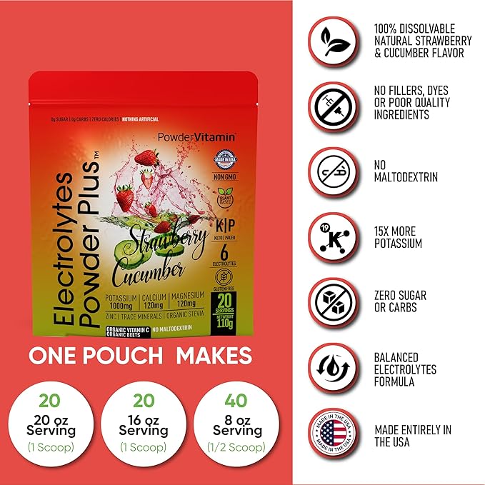 Electrolytes Powder Plus (20 Servings) Strawberry Cucumber Electrolyte Powder Zero Calorie Keto,0Sugar,No Maltodextrin,1000mg Potassium,120mg Calcium,120mg Magnesium, Pink Himalayan Salt