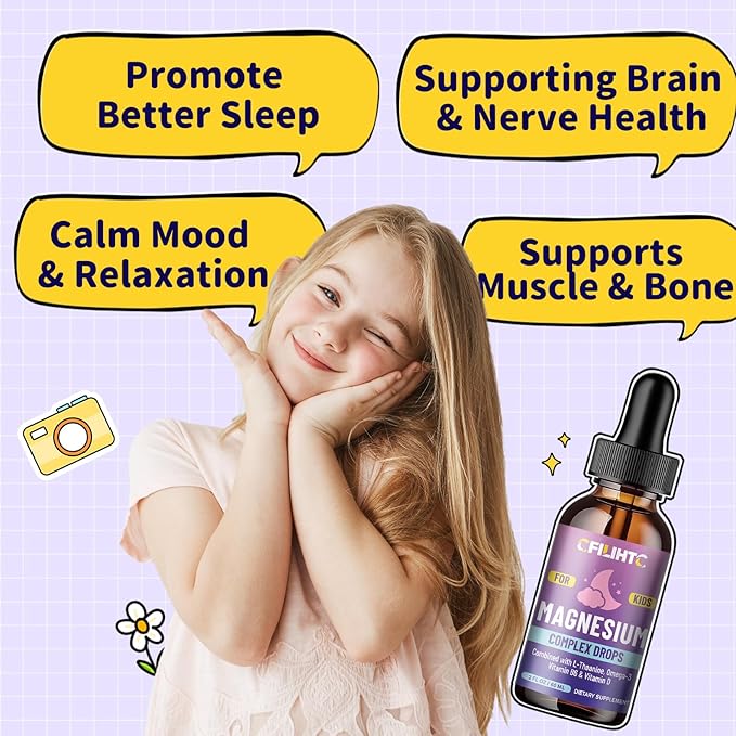 Kids Magnesium Liquid Drops-Magnesium Glycinate Liquid for Kids Supplement-w/L-theanine, Omega-3, Vitamin B6, D3 - for Sleep, Relaxation, Brain, Bones - 2 Fl Oz Children's Calm, Strawberry Flavor