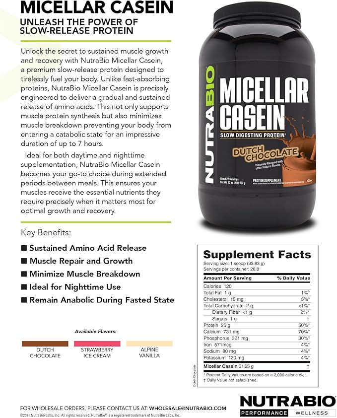 NutraBio Micellar Casein Protein Powder-Casein Protein Powder Strawberry- Slow Digesting - Muscle Growth - Essential Amino Acids - Non-GMO - Gluten & Soy Free-2 lbs Strawberry Ice Cream