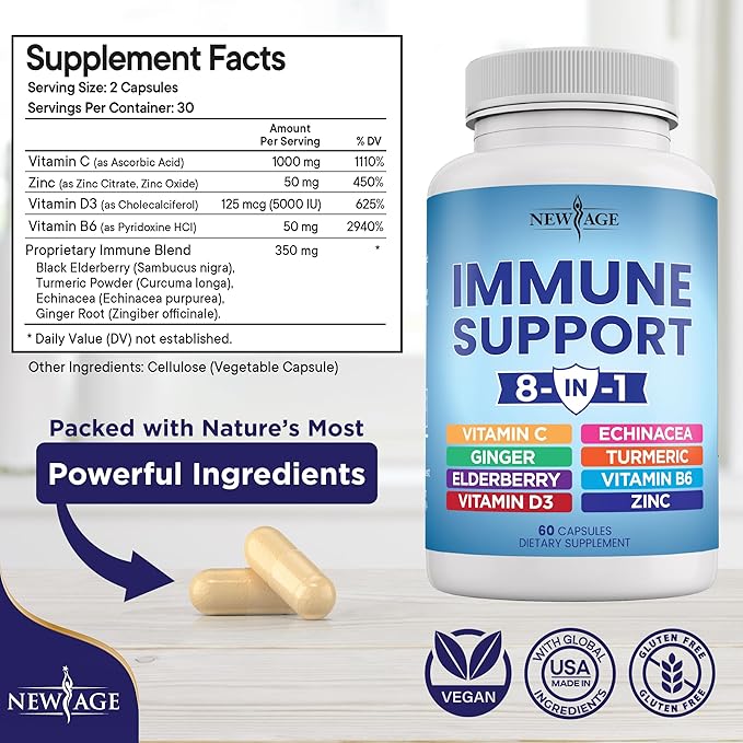 NEW AGE 8 in 1 Immune Support Booster Supplement with Echinacea, Vitamin C and Zinc 50mg, Vitamin D 5000 IU, Turmeric Curcumin & Ginger, B6, Elderberry (8 in 1 Capsules (Pack of 3))