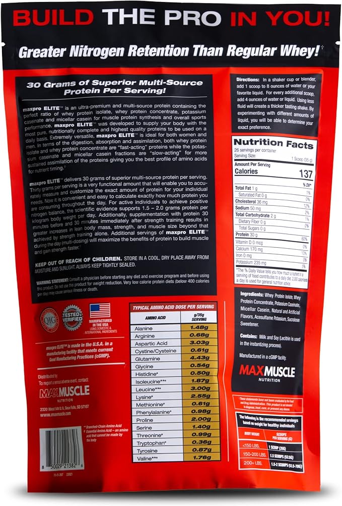 Max Muscle Maxpro Elite Whey Protein Powder | 30g Protein | 0g Sugar | 6.6g BCAAs | Micellar Casein Cold Filtered Whey Isolate Protein | Promotes Muscle Growth & Recovery (Strawberry Banana, 2lb)