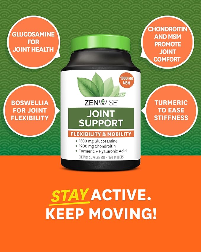 Zenwise Glucosamine Chondroitin Sulfate MSM Curcumin - Joint Support Supplement with Hyaluronic Acid for Extra Strength Relief - Natural Health & Mobility Support for Pain, Aches & Soreness (180 Count)