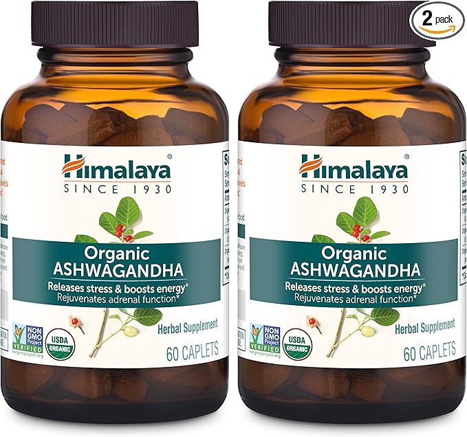 Himalaya Organic Ashwagandha, 120 Day Supply, Herbal Supplement for Stress Relief, Energy, Occasional Sleeplessness, Excipient Free, Organic, Non-GMO, Vegan, Gluten Free, 670 mg, 60 Caplets, 2 Pack