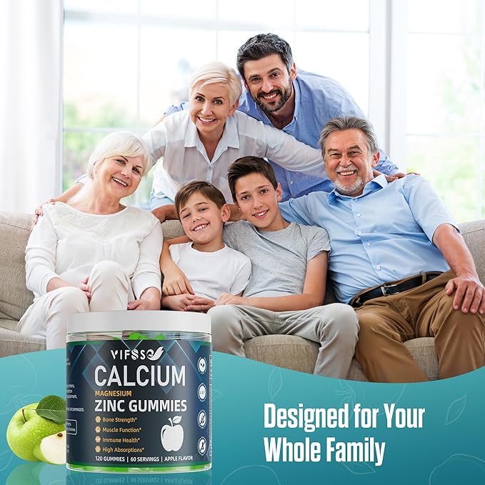 Calcium Magnesium Zinc Gummies 600mg with Vitamin D3 K2, 120 Gummies Plant Based Sugar-Free Calcium Gummies High Absorption Complex Calcium Supplement 70+ Trace Minerals for Bone Strength, Vegan