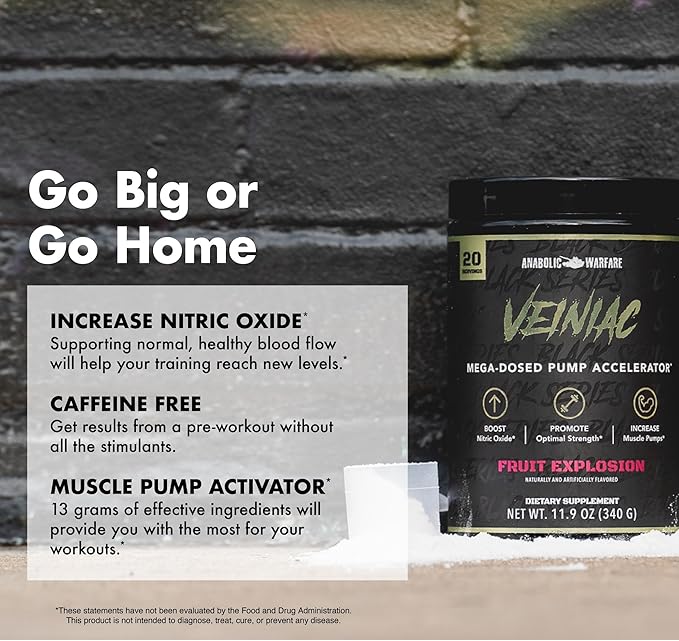 Anabolic Warfare Veiniac Muscle Pump Activator Supplement Stimulant Free Pre-Workout with L-Citrulline, Betaine Anhydrous, & Added AGMass™, Increases Nitric Oxide*, Natural 20 Servings