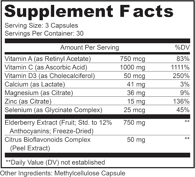 LIVELY VITAMIN CO. Elderberry Boom - Boosts Immune Function - Prevents Colds & Sickness - Elderberry, Zinc, Calcium, Magnesium, Vitamin C - 90 Vegetarian Capsules