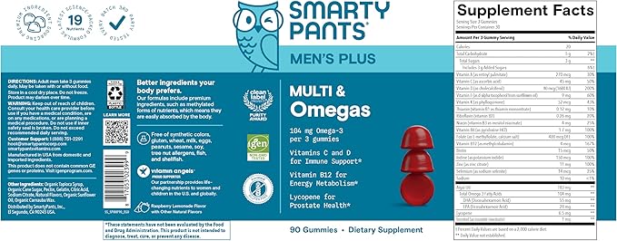SmartyPants Men's Multivitamin Gummies - Improved Formula: Omega 3 (DHA/EPA), Methylfolate, Vitamin D3, C, Vitamin B12, B6, Vitamin A, K, Zinc & Selenium, Gluten Free, 90 Count (30 Day Supply)