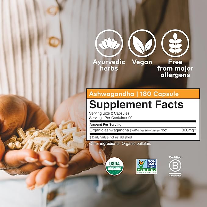 ORGANIC INDIA Ashwagandha Herbal Supplement - Stress Response Support, Vegan, Gluten-Free, Kosher, USDA Certified Organic, Non-GMO, Supports Mood, Endurance, Vitality & Strength - 180 Capsules
