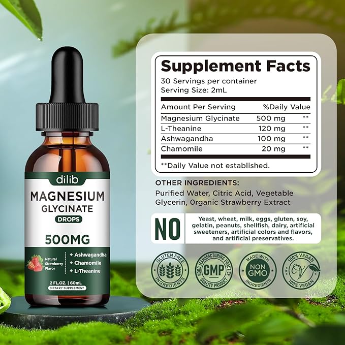 Magnesium Glycinate Supplement, Magnesium Liquid Drops with Magnesium Glycinate 500mg Ashwagandha, L - Theanine, Chamomile -Support Stress Relief, Bone, Muscle, Mood Strawberry Flavor 2Pack