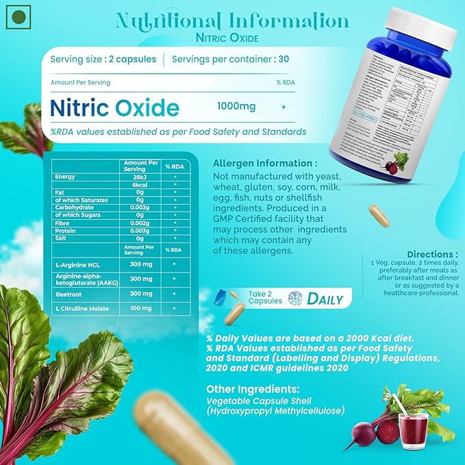 Biovitalia Nitric Oxide Booster Capsule L-Arginine Capsule Beetroot Supplement for Men & Women | Promote Blood Flow & Pre Workout Muscle Pump for Bodybuilding - 60 Vegan Capsules