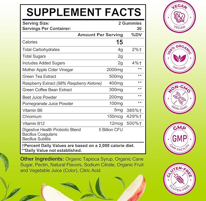 Apple Cider Vinegar Gummies, Keto ACV Gummies for Women and Men, Apple Cider Vinegar Supplement with Green Tea Extract, Probiotic for Detox Cleanse, Metabolism, Energy & Digestive Health, 120 Counts