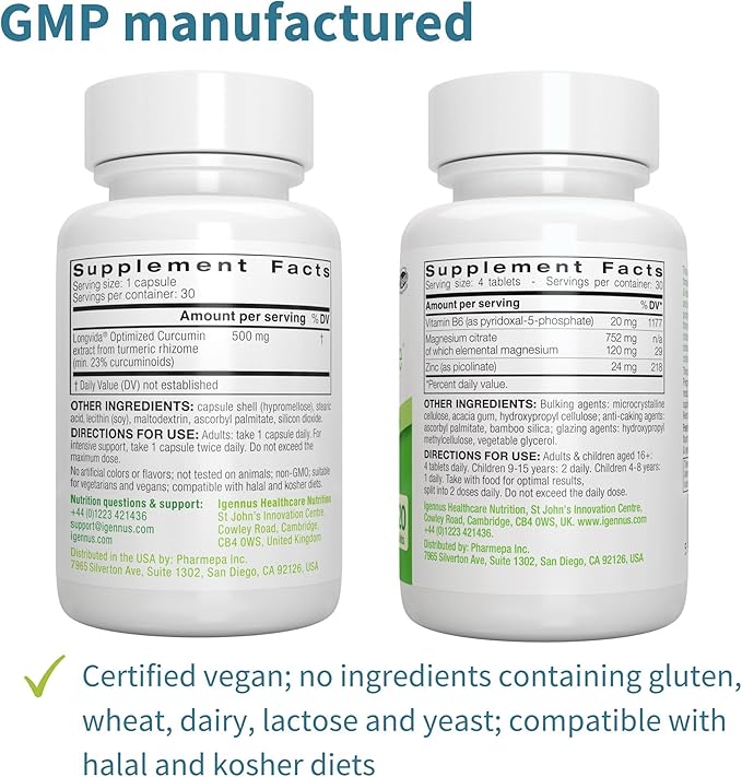 Longvida Curcumin 500mg + Neurobalance High Absorption Zinc Magnesium B6 Vegan Bundle, Ultra Bioavailable Curcumin with Chelated Zinc Picolinate 24mg, Oxide-Free Magnesium, by Igennus