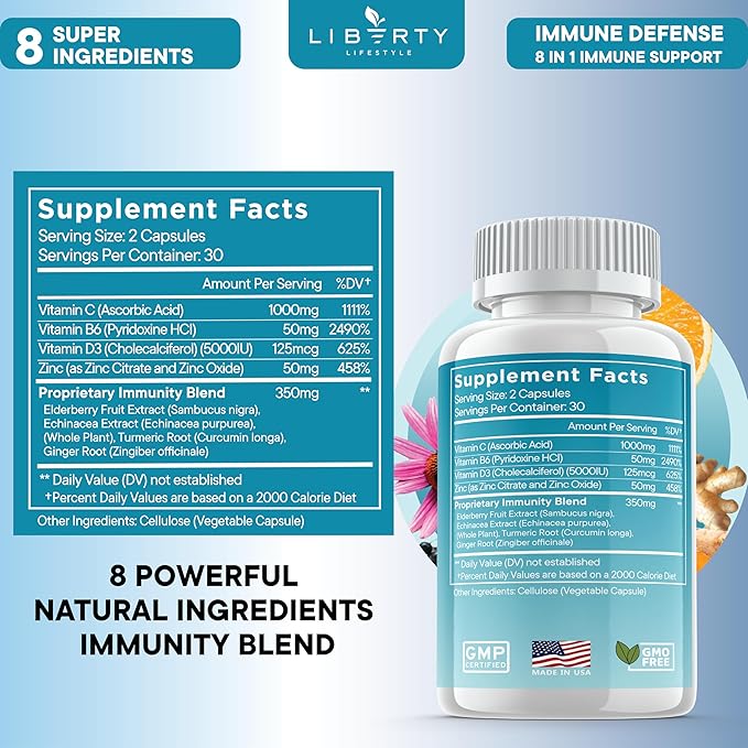 8 in 1 Immune Defense Support, Immunity Vitamins Supplement Booster with Zinc 50mg, Vitamin C Elderberry VIT D3 5000 IU, Turmeric Curcumin & Ginger, Echinacea - Allergy Relief for Kids Adults