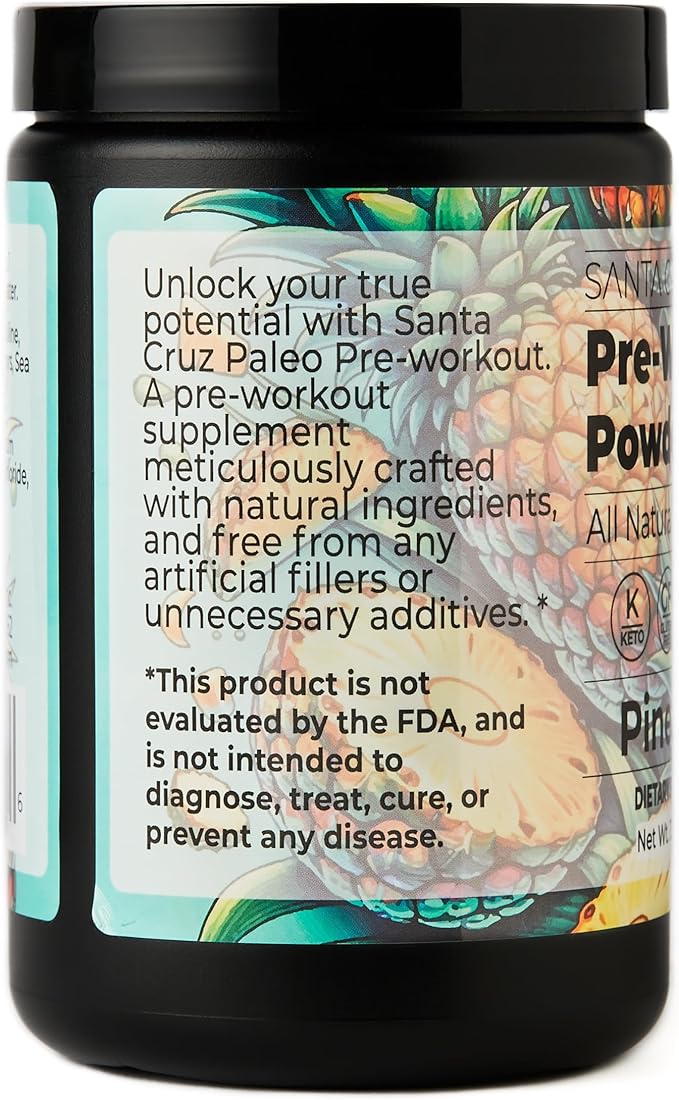 Santa Cruz Paleo Natural Pre Workout Powder, Pineapple, Keto Preworkout with Electrolytes, Magnesium, Potassium, L-Citrulline, 150mg Caffeine, Sugar Free Drink Mix for Energy & Hydration, 30 Servings